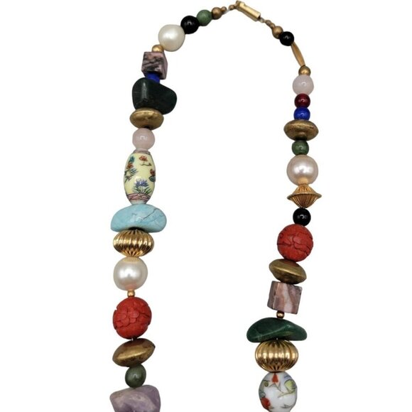 Art Statement Necklace Retro Beaded Multi Media Beads & Shaped Gemstone 25" - Picture 14 of 14